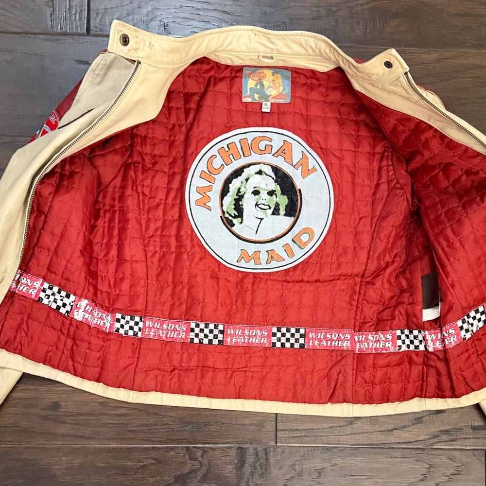 Vintage Wilsons Leather Moto Jacket w patches red cream gold - Picture 8 of 16
